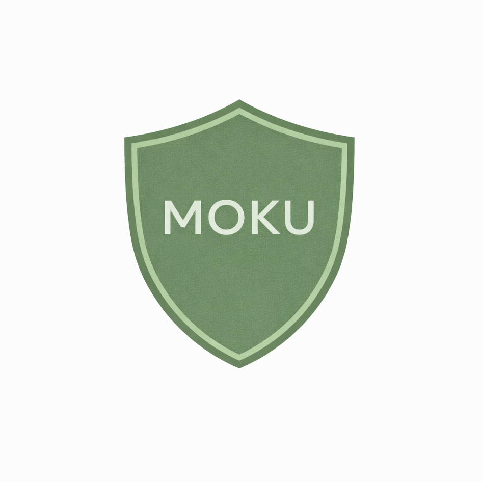 Green shield-shaped logo with 'MOKU' text on a white background